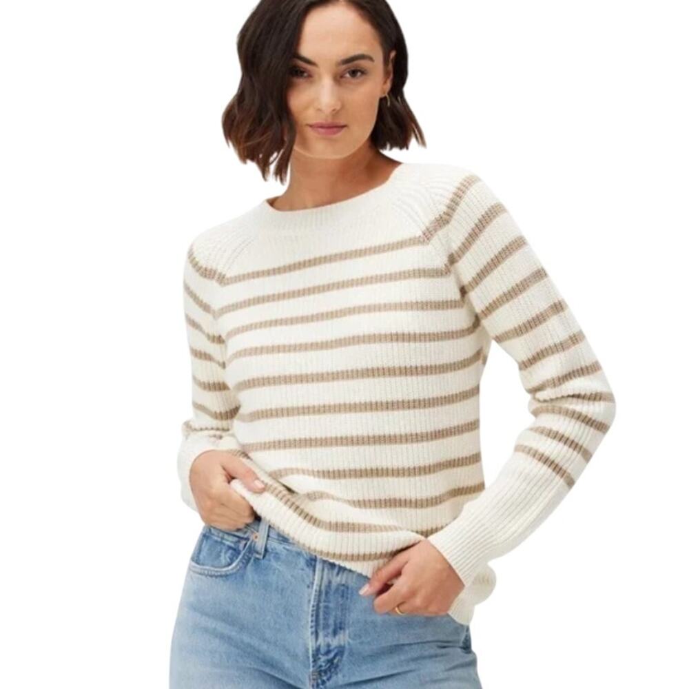 Amour Vert White Layla Crewneck Tan Striped Organic Cotton Sweater